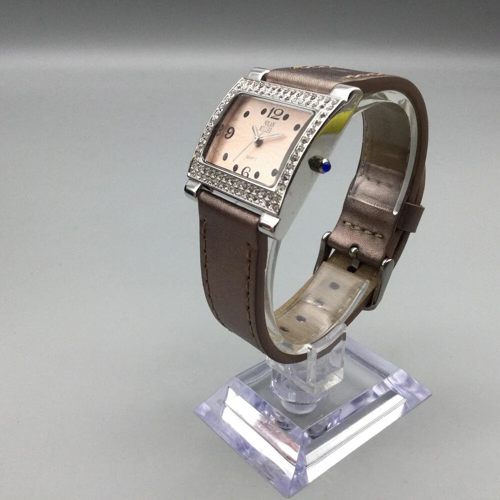 Nolan Miller Womens Watch 30mm Rose Dial Crystal Bezel Brown Leather New Battery